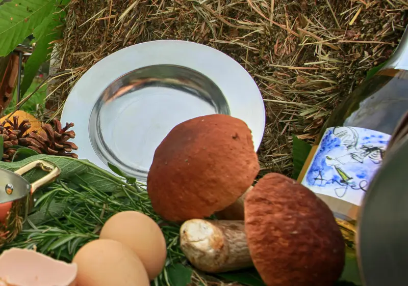 Piatto in rame con rivestimento interno in stagno vergine circondato da elementi decorativi come funghi, uova e una bottiglia di vino